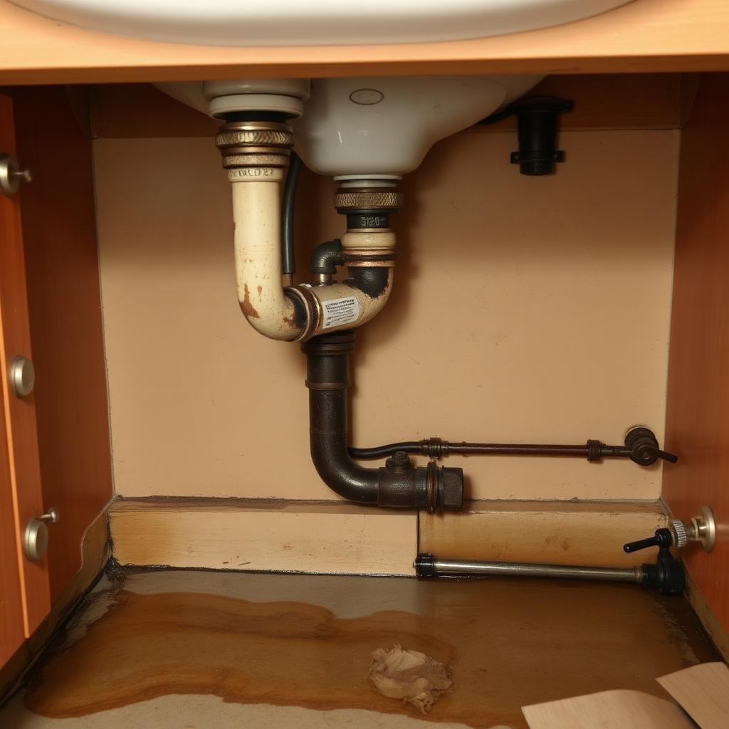 Homestead Under-Sink Plumbing Concept — illustrative concept, before