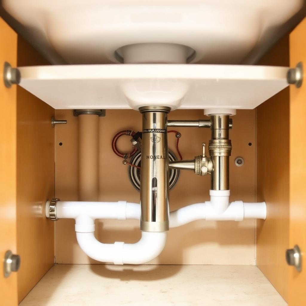 Homestead Under-Sink Plumbing Concept — illustrative concept, after